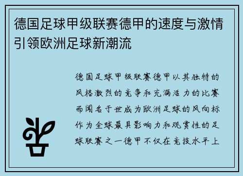 德国足球甲级联赛德甲的速度与激情引领欧洲足球新潮流